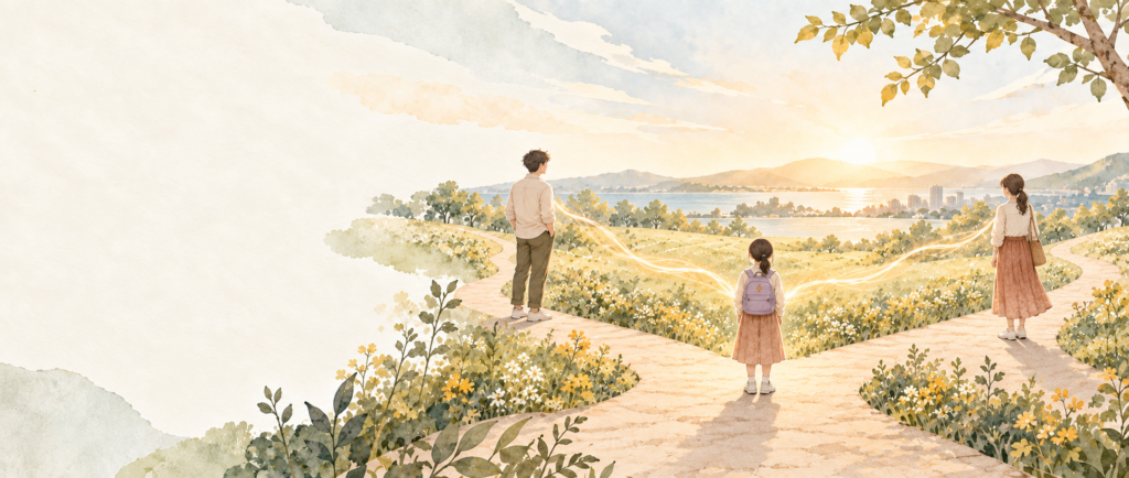 別々の道に立つ父と母、その中央に立つ子どもを描いたイラスト